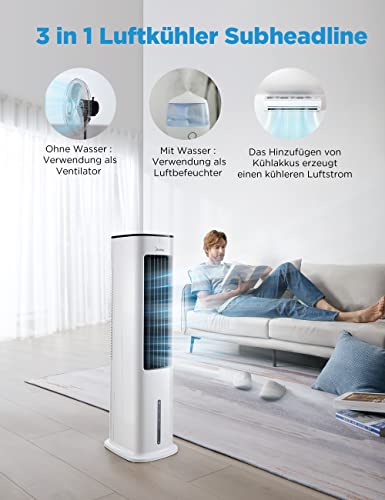412bzye392l.jpg Midea 4-in-1 Mobile Klimaanlage ohne Abluftschlauch | Turmventilator mit Wasserkühlung & Luftbefeuchter | 55W Luftkühler