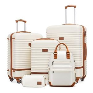 COOLIFE Reisekoffer ABS Hartschalen 4 Rollen TSA-Schloss Global Recycled Standard x2 - Weiß/Braun Koffer-Set 5tlg COOLIF