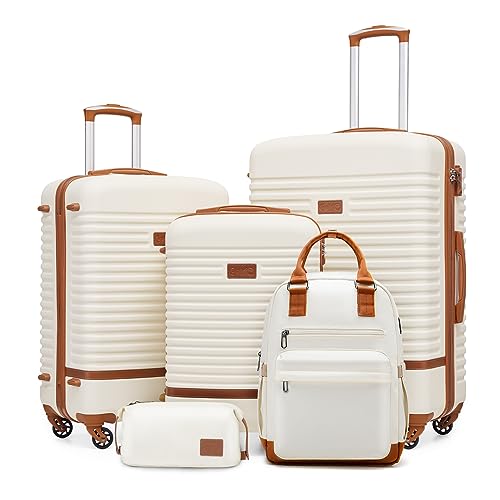 416advt0orl.jpg COOLIFE Reisekoffer ABS Hartschalen 4 Rollen TSA-Schloss Global Recycled Standard x2 - Weiß/Braun Koffer-Set 5tlg COOLIF