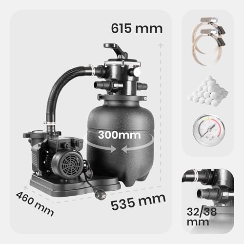 41c9g 09lzl.jpg Arebos Sandfilteranlage mit Pumpe inkl. 600g Filterbälle | 350W | 9500 L/h | Schwarz | für Poolbereinigung | mit Druckma