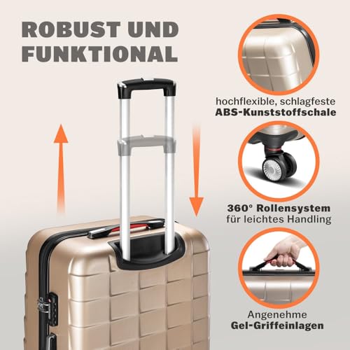 41i8b1stecl.jpg Monzana 3tlg. Reisekoffer Exopack TSA Schloss Hartschalen Koffer M-L-XL Gel-Griffe 4 Zwillingsrollen Standfüße Champagne