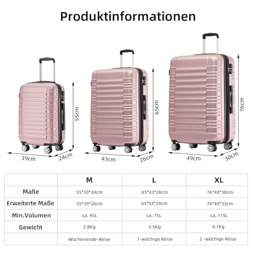 41jmfkqry6l.jpg BEIBYE Hartschalen Reisekoffer für Familien - Doppelradsystem, Rosagold, Set