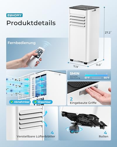 41mosfrk9ol.jpg Mobile Klimaanlage 9000 BTU mit Abluftschlauch | Leiser Betrieb <48 dB | Für Räume bis 25 m² | Digitaldisplay + Fernbedi