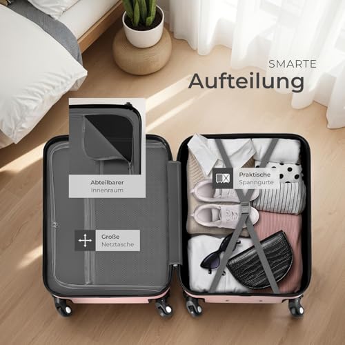 41ntpm0d1vl.jpg Tectake 4-teiliger roségoldfarbener Reisekoffer - robuste Hartschale, abnehmbare Rollen 360°, ineinander stapelbar, TSA