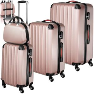 Tectake 4-teiliger roségoldfarbener Reisekoffer - robuste Hartschale, abnehmbare Rollen 360°, ineinander stapelbar, TSA