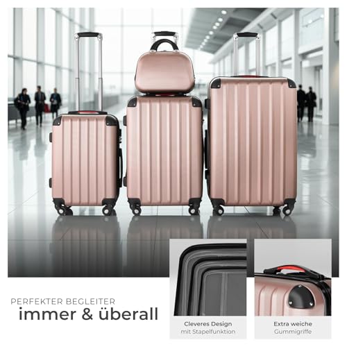 41zqpikfxtl.jpg Tectake 4-teiliger roségoldfarbener Reisekoffer - robuste Hartschale, abnehmbare Rollen 360°, ineinander stapelbar, TSA
