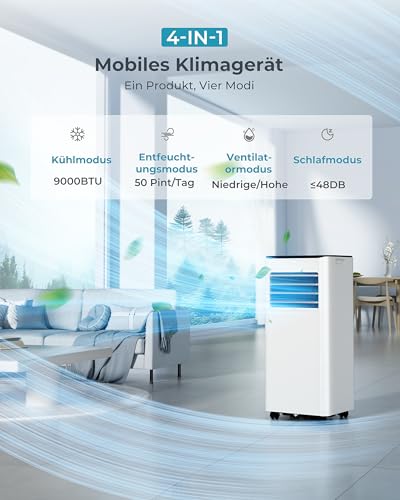 41lianpmz9l.jpg Mobile Klimaanlage 9000 BTU mit Abluftschlauch | Leiser Betrieb <48 dB | Für Räume bis 25 m² | Digitaldisplay + Fernbedi