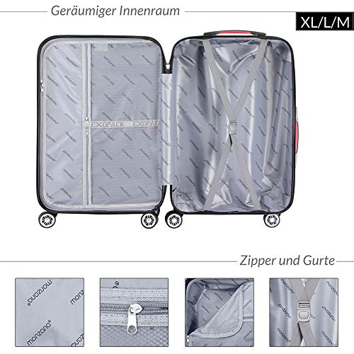 512qcusvkkl.jpg Monzana 3-Tlg. Rollkoffer Exopack TSA-Schloss Hartschalen Koffer M-L-XL Gel-Griffe 4 Zwillingsrollen Standfüße Reisekoff