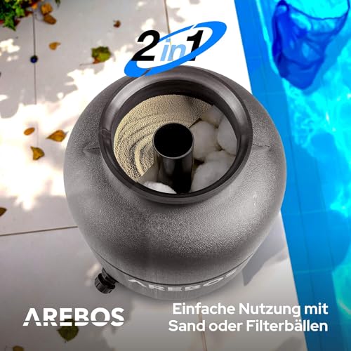 513le4w7vol.jpg Arebos Sandfilteranlage mit Pumpe inkl. 600g Filterbälle | 350W | 9500 L/h | Schwarz | für Poolbereinigung | mit Druckma