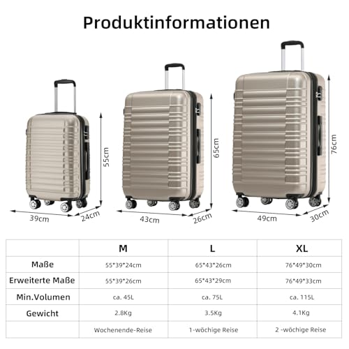 51azlv66kyl.jpg BEIBYE Hartshalen Rollkoffer Set für Reisen mit Zwillingsrollen (Champagner, Set)