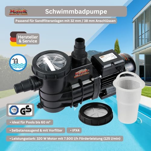 51ihrbssgsl.jpg Mauk Schwimmbadpumpe 320 W – selbstansaugende Poolpumpe für Sandfilteranlage mit 7.500 l/h Förderleistung und IPX4-Schut