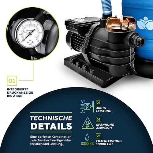 51izhdeirql.jpg Tillvex Sandfilteranlage Pool 10 m³/h inkl. 800g Filterbälle | Filteranlage 7-Wege Ventil & 2in1 Adapter | Druckanzeige