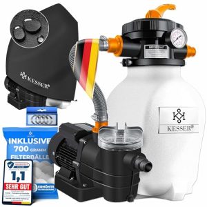 KESSER® Sandfilteranlage mit 25kg Filtersand ersparen 7-Wege Ventil inkl. Druckanzeige für Pool 10.200 L/h, Orange KESS