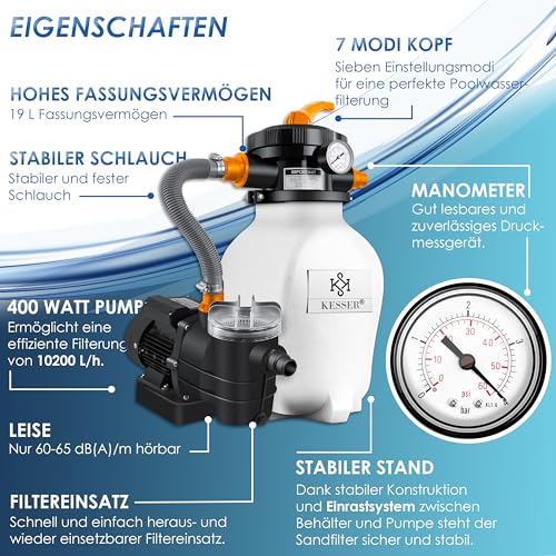 51u4vx5dvql.jpg KESSER® Sandfilteranlage mit 25kg Filtersand ersparen 7-Wege Ventil inkl. Druckanzeige für Pool 10.200 L/h, Orange KESS