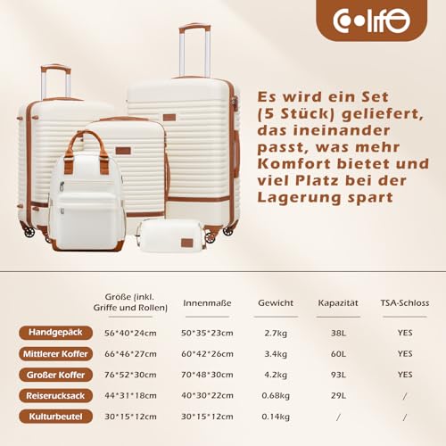 51yfacwayml.jpg COOLIFE Reisekoffer ABS Hartschalen 4 Rollen TSA-Schloss Global Recycled Standard x2 - Weiß/Braun Koffer-Set 5tlg COOLIF