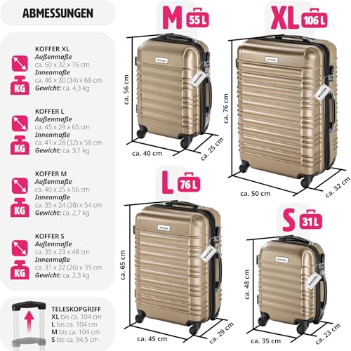 51b0oo2kt0l.jpg tectake 4TLG Hartshalenkoffer Set Champagner - Reisekoffer mit Rollen, ABS Hartschale, Teleskopgriff und Sicherheitsschl