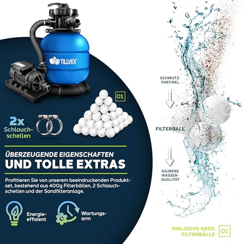 51dht6oixul.jpg Tillvex® Sandfilteranlage Pool | Filteranlage 7-Wege Ventil & Adapter | Druckanzeige für Schwimmbecken (Blau) Tillvex®