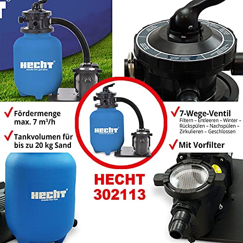 51dkttzmis.jpg HECHT 11.000 Liter Sandfilteranlage für Pool – Reinigungspumpe mit Vorfilter – Idealer Sandfilter für Gartenpools – 7-We
