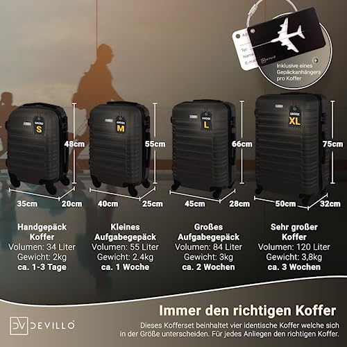 51gbu337gil.jpg Devillo Hard Shell Trolley Koffer Schwarz 4 Rollen - Reisekofferset S-M-L-XL Teleskopgriff Schloss