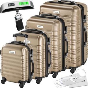 tectake 4TLG Hartshalenkoffer Set Champagner - Reisekoffer mit Rollen, ABS Hartschale, Teleskopgriff und Sicherheitsschl