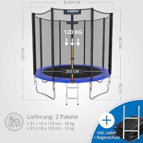51knayegwnl.jpg KINETIC SPORTS Trampolin Outdoor 'Salto Plus' - Komplett-Set für Kinder im Garten - bis zu 160kg, USA Sprungtuch, Netz,