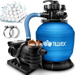 Tillvex Sandfilteranlage Pool 10 m³/h inkl. 800g Filterbälle | Filteranlage 7-Wege Ventil & 2in1 Adapter | Druckanzeige