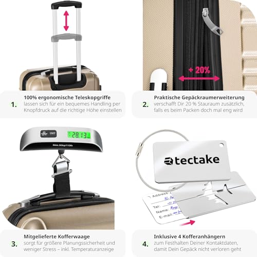 51mg2ok182l.jpg tectake 4TLG Hartshalenkoffer Set Champagner - Reisekoffer mit Rollen, ABS Hartschale, Teleskopgriff und Sicherheitsschl