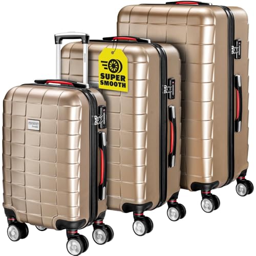 51pjqyunukl.jpg Monzana 3tlg. Reisekoffer Exopack TSA Schloss Hartschalen Koffer M-L-XL Gel-Griffe 4 Zwillingsrollen Standfüße Champagne