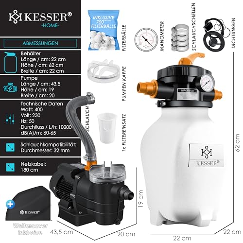 51srajj8vwl.jpg KESSER® Sandfilteranlage mit 25kg Filtersand ersparen 7-Wege Ventil inkl. Druckanzeige für Pool 10.200 L/h, Orange KESS