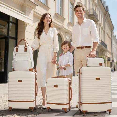 51sg0oio6jl.jpg COOLIFE Reisekoffer ABS Hartschalen 4 Rollen TSA-Schloss Global Recycled Standard x2 - Weiß/Braun Koffer-Set 5tlg COOLIF
