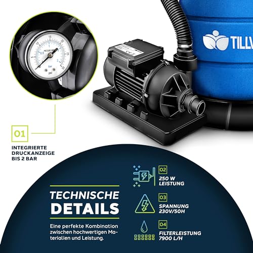 51uwfgwznal.jpg Tillvex® Sandfilteranlage Pool | Filteranlage 7-Wege Ventil & Adapter | Druckanzeige für Schwimmbecken (Blau) Tillvex®