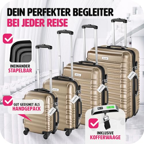 51vmprujujl.jpg tectake 4TLG Hartshalenkoffer Set Champagner - Reisekoffer mit Rollen, ABS Hartschale, Teleskopgriff und Sicherheitsschl