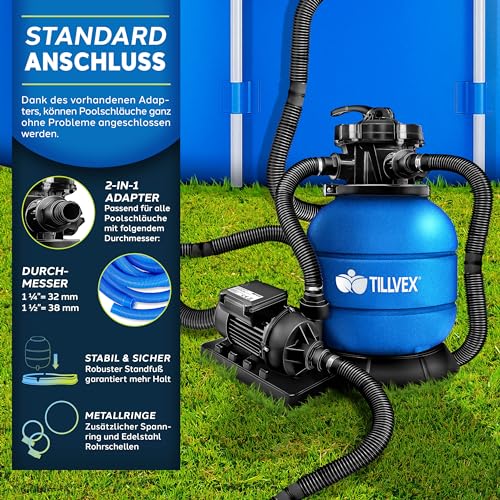 615lv3pwyhl.jpg Tillvex® Sandfilteranlage Pool | Filteranlage 7-Wege Ventil & Adapter | Druckanzeige für Schwimmbecken (Blau) Tillvex®