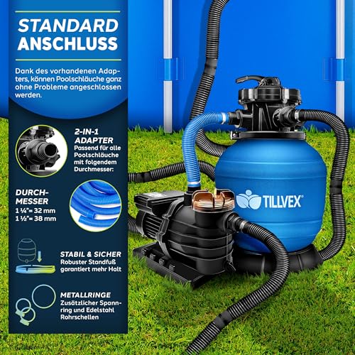 61xdsxcnqgl.jpg Tillvex Sandfilteranlage Pool 10 m³/h inkl. 800g Filterbälle | Filteranlage 7-Wege Ventil & 2in1 Adapter | Druckanzeige